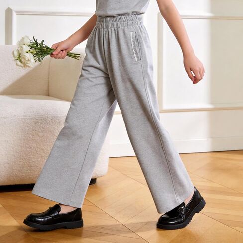 Girls Wide Leg Sweatpants with Bowknot Embroidery Baggy Straight Leg Pants Casual Cotton Pants for School Outdoor in Saudi Arabia