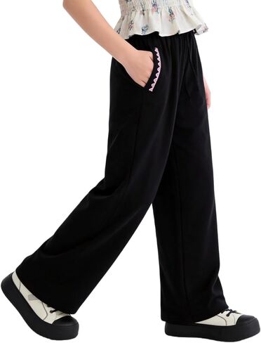 Girls Wide Leg Sweatpants with Bowknot Embroidery Baggy Straight Leg Pants Casual Cotton Pants for School Outdoor in Saudi Arabia