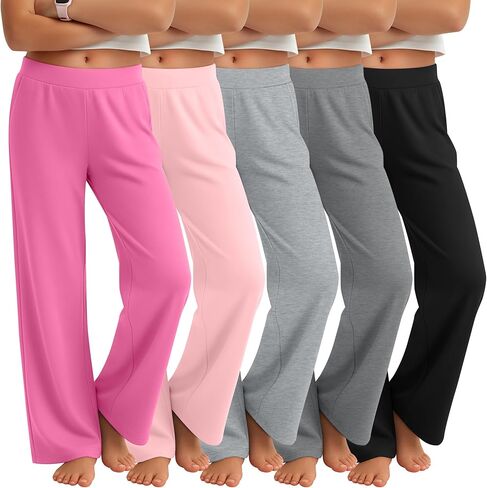 5 Pack Girls' Wide Leg Pants Teen Light Weight Baggy Loose Sweatpants with Pocket Elastic Waist for 5-16 Years in Kuwait