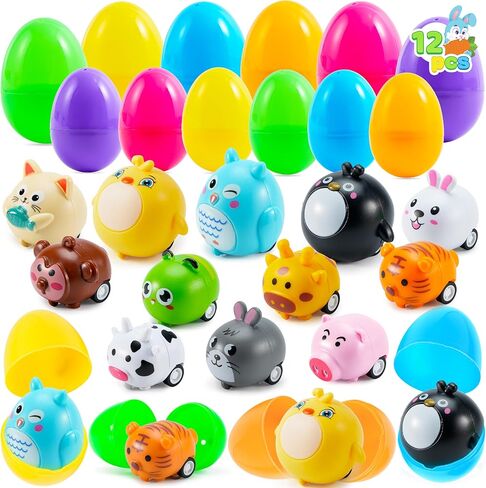 JOYIN 12 Pcs Prefilled Easter Eggs with Toys, Plastic Easter Eggs with Animal Cars for Kids Gift, Basket Stuffers, Classroom Prize Supplies, Party Favors in Saudi Arabia