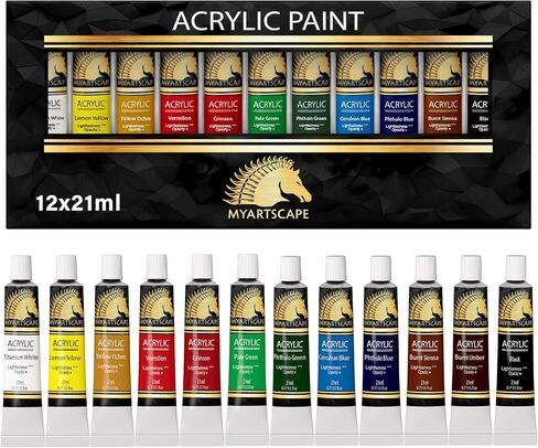 MyArtscape Acrylic Paint Set - 12 x 21ml tubes - Lightfast - Heavy Body - Rich Pigments - Great Tinting Strength - Acrylic Painting Supplies for Artists and Beginners - Premium Quality Paints in Kuwait