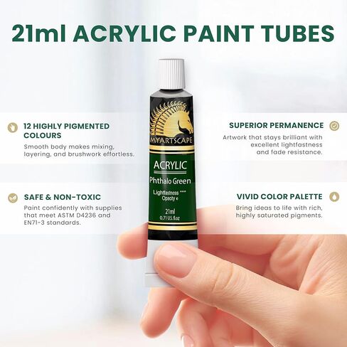 MyArtscape Acrylic Paint Set - 12 x 21ml tubes - Lightfast - Heavy Body - Rich Pigments - Great Tinting Strength - Acrylic Painting Supplies for Artists and Beginners - Premium Quality Paints in Kuwait