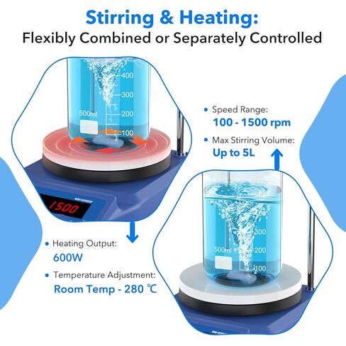 FOUR E'S SCIENTIFIC 5 Inch Pro Magnetic Stirrer Hotplate 100-1500RPM, Upgraded Ceramic-Aluminum Heating, Max Temp 280℃, Max 5L Capacity, 110V Stir Plate with Temp Probe Sensor (Not Include Stand) in Saudi Arabia
