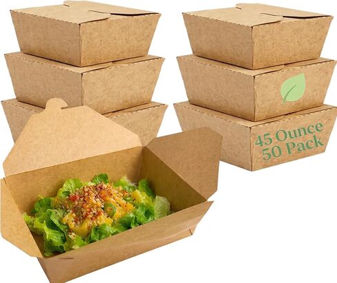 علب طعام Mr Miracle Kraft (50 عبوة) - حاويات طعام ورقية شديدة التحمل، صناديق طعام من الورق المقوى آمنة للاستخدام في الميكروويف، مقاومة للتسرب في صناديق الطعام والمطاعم (32 أونصة) in Kuwait