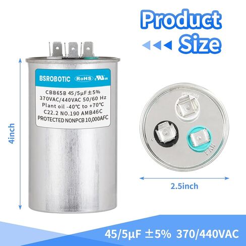 45/5 440v CBB65B AC Capacitor - 45+5 uf ±5% MFD 370/440 Volt Dual Run Round Capacitor, VAC CBB65B Air Conditioner Capacitors for AC Unit Fan Motor Start or Heat Pump or Condenser Straight Cool in Saudi Arabia