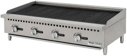 Inferno Blaze Premium IBP-CRB-48 شواية غاز على سطح الطاولة مقاس 48 بوصة بقدرة 140.000 وحدة حرارية بريطانية، فضي - معتمد من ETL، موقد صخري من الفولاذ المقاوم للصدأ - مثالي للمطابخ التجارية in Kuwait