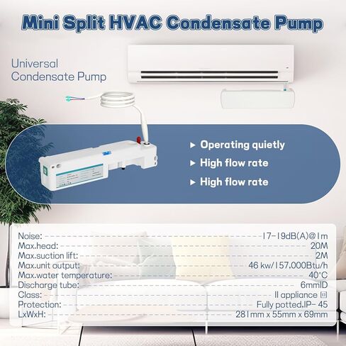 Mini Split Condensate Pump, II Universal Condensate Pump, 11 GPH, 157000 Btu/h, 100-240V AC 50/60Hz, <19 dB(A) @ 1M, Wide Range of Applications Including Indoor Air Conditioning, HVAC, Dehumidifier in Saudi Arabia