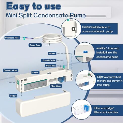 Mini Split Condensate Pump, II Universal Condensate Pump, 11 GPH, 157000 Btu/h, 100-240V AC 50/60Hz, <19 dB(A) @ 1M, Wide Range of Applications Including Indoor Air Conditioning, HVAC, Dehumidifier in Saudi Arabia