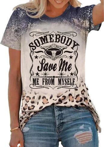 Somebody Save Me Steer Skull Bleached T-Shirt Women Vintage Country Music Graphic Tees Leopard Print Casual T Shirt in Kuwait
