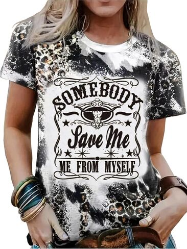 Somebody Save Me Steer Skull Bleached T-Shirt Women Vintage Country Music Graphic Tees Leopard Print Casual T Shirt in Kuwait