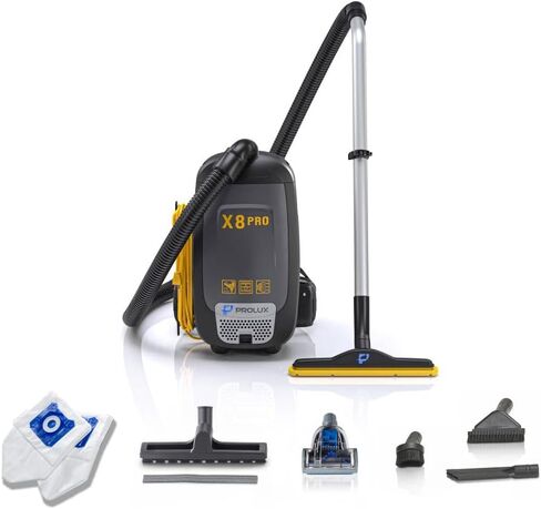 Prolux X8 Pro 10 lb Lightweight Commercial Backpack Vacuum – HEPA Filtration w/Sealed 8 Qt HEPA Bags, 120 CFM Commercial Suction, 50′ Cord, Loaded with Attachments in Kuwait
