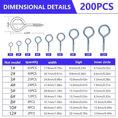 200 Pcs Small Screw Eyes for WoodEye Hook Screws Assortment, Small Eye Screws for Wood, Screw in Eyelets, Metal Self Tapping Eye Hooks for Picture Frame Hanging Items(9 Sizes) in Kuwait