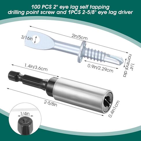 100 Pcs 2" Eye Lag Self Tapping Drilling Point Screw Zinc and 1pcs 2-5/8" Driver, Sturdy Eye Lag Self Drill Screw for Accommodates Jack Chain Ceiling Wire or Threaded Rod in Saudi Arabia