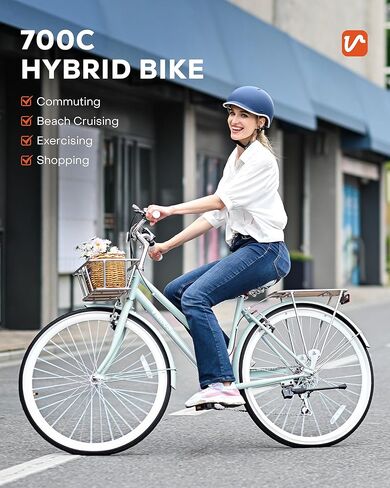 VIRIBUS Womens Hybrid Bike, 7 Speed Road Bike 28 inch for Women, 700C Adult Bicycle with Basket and Rack for Tall Ladies, Step Through City Retro Commuter Bicycle in Kuwait
