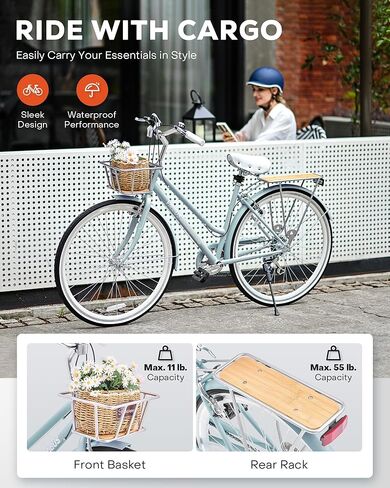 VIRIBUS Womens Hybrid Bike, 7 Speed Road Bike 28 inch for Women, 700C Adult Bicycle with Basket and Rack for Tall Ladies, Step Through City Retro Commuter Bicycle in Kuwait