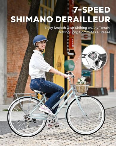 VIRIBUS Womens Hybrid Bike, 7 Speed Road Bike 28 inch for Women, 700C Adult Bicycle with Basket and Rack for Tall Ladies, Step Through City Retro Commuter Bicycle in Kuwait