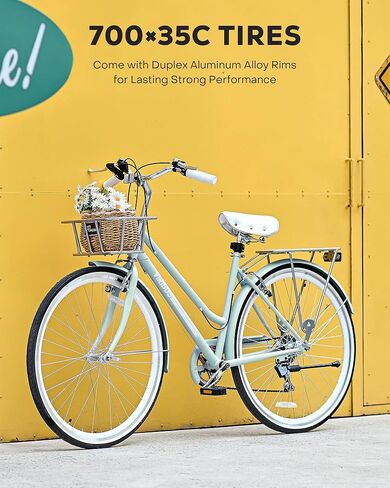 VIRIBUS Womens Hybrid Bike, 7 Speed Road Bike 28 inch for Women, 700C Adult Bicycle with Basket and Rack for Tall Ladies, Step Through City Retro Commuter Bicycle in Kuwait