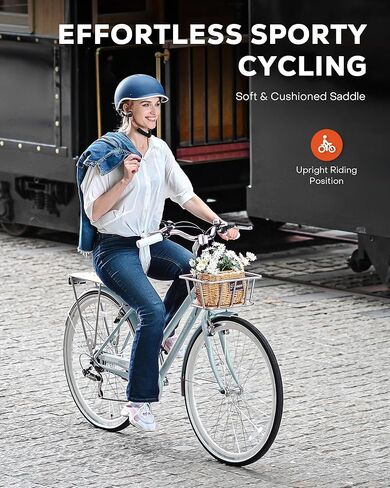 VIRIBUS Womens Hybrid Bike, 7 Speed Road Bike 28 inch for Women, 700C Adult Bicycle with Basket and Rack for Tall Ladies, Step Through City Retro Commuter Bicycle in Kuwait