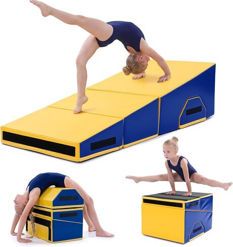 MABOZOO Folding Gymnastics Incline Mat, High Density Foam Cheese Wedge Mat for Kids Tumbling & Home Gym, Non-Slip Folding Skill Trainer for Gymnastics, Stretching, Martial Arts (Yellow & Blue) in Saudi Arabia