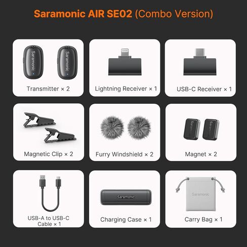 Saramonic Air SE Wireless Mini Microphone for iPhone & Android, 48kHz/24-bit, AI Noise Cancellation, Clip on Content Creator Microphones for Interview YouTube Vlogging (2 TX + 2 RX + Charging Case) in Saudi Arabia