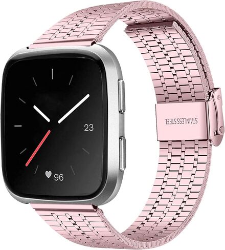 حزام معدني متوافق مع Fitbit Versa/Versa 2/Versa Lite، حزام بديل من الفولاذ المقاوم للصدأ للنساء والرجال من KangPlus مع أداة إزالة الارتباط قابلة للتعديل 5.5-8.0 بوصة - وردي in Saudi Arabia