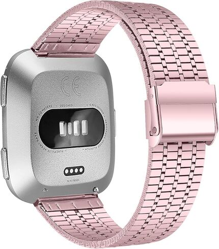حزام معدني متوافق مع Fitbit Versa/Versa 2/Versa Lite، حزام بديل من الفولاذ المقاوم للصدأ للنساء والرجال من KangPlus مع أداة إزالة الارتباط قابلة للتعديل 5.5-8.0 بوصة - وردي in Saudi Arabia