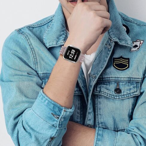 حزام معدني متوافق مع Fitbit Versa/Versa 2/Versa Lite، حزام بديل من الفولاذ المقاوم للصدأ للنساء والرجال من KangPlus مع أداة إزالة الارتباط قابلة للتعديل 5.5-8.0 بوصة - وردي in Saudi Arabia