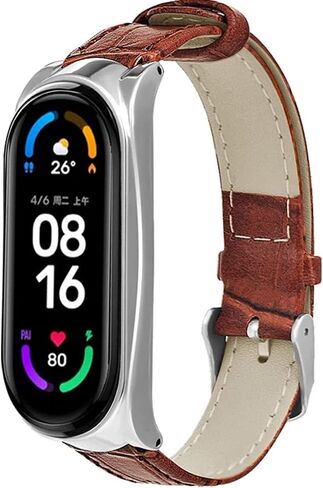 سوار جلدي متوافق مع Xiaomi Mi Band 4، حزام معصم جلدي كلاسيكي قابل للتعديل 7.8 - 9.4 بوصة مع إطار معدني متوافق مع Xiaomi Mi Band 3/4 - بني + فضي in Kuwait