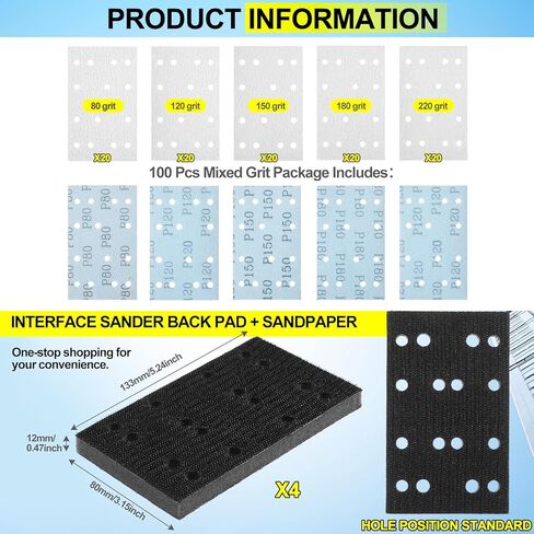 100 حزمة من ألواح الصنفرة الكاشطة مستطيلة مقاس 80 × 133 مم P80 120 150 180 220 حبيبة مع 4 ورق صنفرة من الفوم الأسود الناعم لآلات صنفرة الألواح المتوافقة مع Festool Rs400 Ls130 in Kuwait