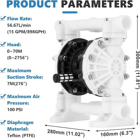 MXBAOHENG 898GPH Air Operated Double Diaphragm Pump, 100PSI Air Driven Diaphragm Pump, 15GPM Polypropylene Pneumatic Dual Diaphram Pump, for Waste Oil, Chemicals (56.67L/min) in Saudi Arabia