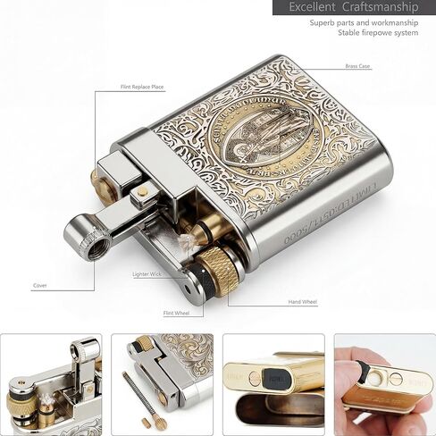 Antique Brass Lighter for Men, Flint Wheel Soft Flame, Vintage Lift Arm Design, Durable Outdoor Use, Gift for Men Dad Husband (Constantine) in Kuwait
