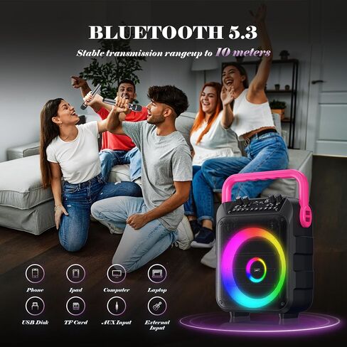 Karaoke Machine for Adults & Kids, 5.3 Bluetooth Speaker Portable with 2 Wireless Microphones, Bass/Treble Adjustment, Remote and LED Light, Support REC/FM/AUX/USB/TF for Home Party, Blackpink in Saudi Arabia