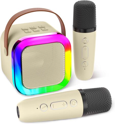 Mini Karaoke Machine Speaker for Kids, Toys for Girls Boys Friends Age 3-12+, Birthday Gifts Portable Bluetooth Speaker with Wireless Mics for 5 6 7 8 9 10 11 Years Teens Girl Boys, Beige in Saudi Arabia