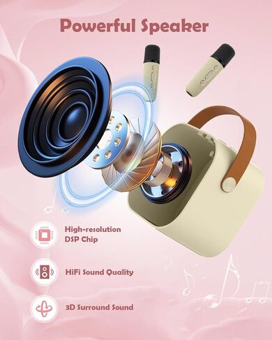 Mini Karaoke Machine Speaker for Kids, Toys for Girls Boys Friends Age 3-12+, Birthday Gifts Portable Bluetooth Speaker with Wireless Mics for 5 6 7 8 9 10 11 Years Teens Girl Boys, Beige in Saudi Arabia