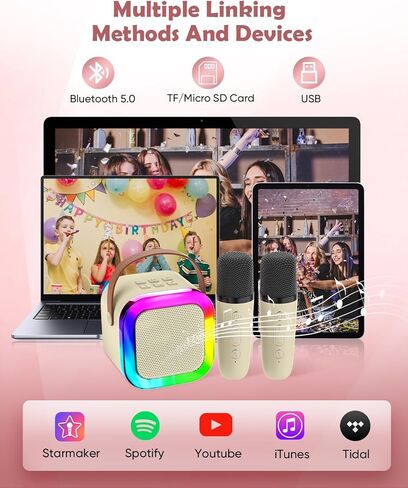 Mini Karaoke Machine Speaker for Kids, Toys for Girls Boys Friends Age 3-12+, Birthday Gifts Portable Bluetooth Speaker with Wireless Mics for 5 6 7 8 9 10 11 Years Teens Girl Boys, Beige in Saudi Arabia