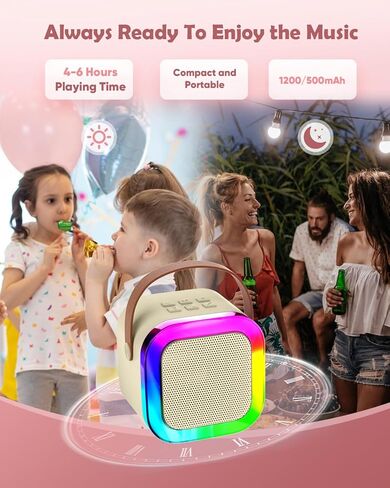 Mini Karaoke Machine Speaker for Kids, Toys for Girls Boys Friends Age 3-12+, Birthday Gifts Portable Bluetooth Speaker with Wireless Mics for 5 6 7 8 9 10 11 Years Teens Girl Boys, Beige in Saudi Arabia