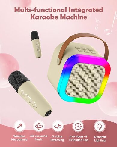 Mini Karaoke Machine Speaker for Kids, Toys for Girls Boys Friends Age 3-12+, Birthday Gifts Portable Bluetooth Speaker with Wireless Mics for 5 6 7 8 9 10 11 Years Teens Girl Boys, Beige in Saudi Arabia