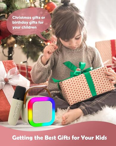 Mini Karaoke Machine Speaker for Kids, Toys for Girls Boys Friends Age 3-12+, Birthday Gifts Portable Bluetooth Speaker with Wireless Mics for 5 6 7 8 9 10 11 Years Teens Girl Boys, Beige in Saudi Arabia