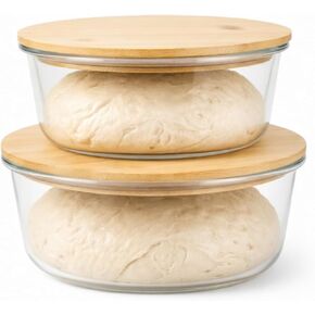 صندوق حماية عجينة البيتزا، حاوية تخزين بيتزا الطعام مع غطاء خشبي محكم، وعاء زجاجي قابل للتكديس، حاوية مقاومة للعجين المخمر، ملحقات صنع البيتزا، 950 مل و1300 مل، عبوتان، شفاف in Kuwait