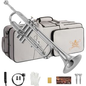 مجموعة بوق قياسية Bb للمبتدئين من STRICH، أداة بوق نحاسية للطلاب مع حقيبة صلبة، مجموعة تنظيف، قطع أبواق 7C و3C، وقفازات - STR-1S، فضي in Kuwait
