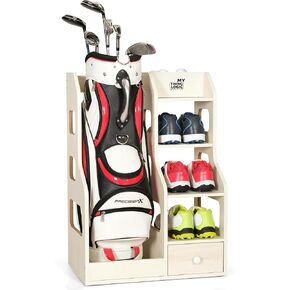 Mythinglogic Wooden Golf Bag Storage Rack, Golf Organizer with Shoe Shelves, Ball Holder & Drawer, MDF Golf Equipment Storage Cabinet for Home, Garage or Simulator Room in Kuwait