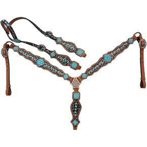 طقم تثبيت الرأس على الأذن الغربية وياقة الصدر مع طباعة الفهد وطبقة من الحجر الفيروزي - جلد البقر الأرجنتيني الفاخر لمحبي الخيول in Kuwait