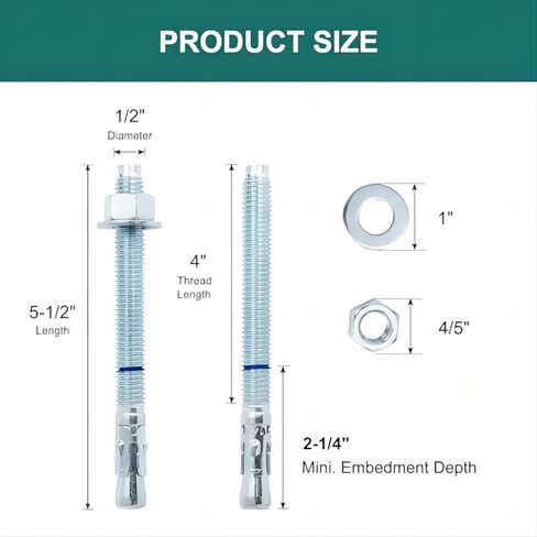 1/2" x 5-1/2" Concrete Anchors (100 Pack) 1/2 inch Wedge Anchors Bolts Zinc Plated in Kuwait