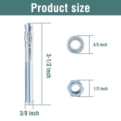 24 قطعة Napredak 3/8" x3-1/2 مرساة إسفين للخرسانة، مسامير مرساة شديدة التحمل، قفل مسمار توسيع مطلي بالزنك من الفولاذ الكربوني للطوب/كتل الخرسانة عالية القوة، لون طبيعي in Kuwait