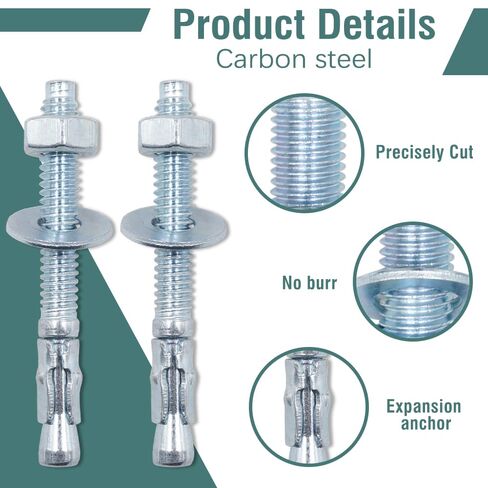 24 قطعة Napredak 3/8" x3-1/2 مرساة إسفين للخرسانة، مسامير مرساة شديدة التحمل، قفل مسمار توسيع مطلي بالزنك من الفولاذ الكربوني للطوب/كتل الخرسانة عالية القوة، لون طبيعي in Kuwait