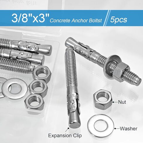 3/8"x 3" Concrete Anchor Bolts,5PCS 304 Stainless Steel Wedge Anchors Heavy-Duty Fastener for Cement and Concrete (3/8"x 3"（5PCS）) in Kuwait