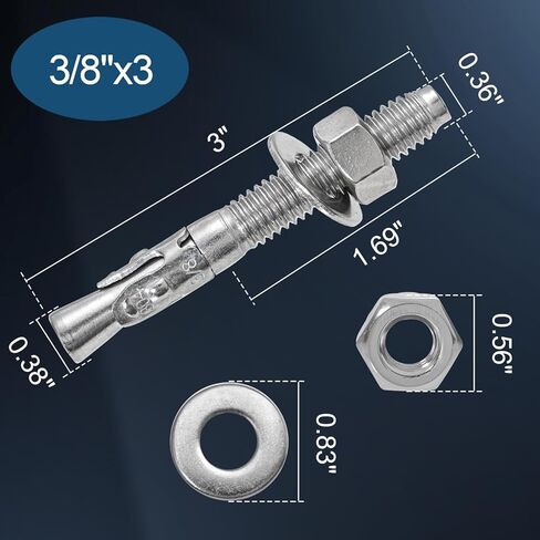 3/8"x 3" Concrete Anchor Bolts,5PCS 304 Stainless Steel Wedge Anchors Heavy-Duty Fastener for Cement and Concrete (3/8"x 3"（5PCS）) in Kuwait