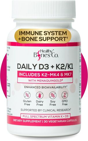 Premium D3/K2 - الطيف الكامل فيتامين K2 MK7 + MK4 + D3 2000IU + K1 ، ملحق D3 + K1/K2 يوميًا ، مكملات VIT D المتاحة للبيولوجية للغاية والفيتامينات للعظام القوية ودعم المناعة - 30 كبسولات in Kuwait