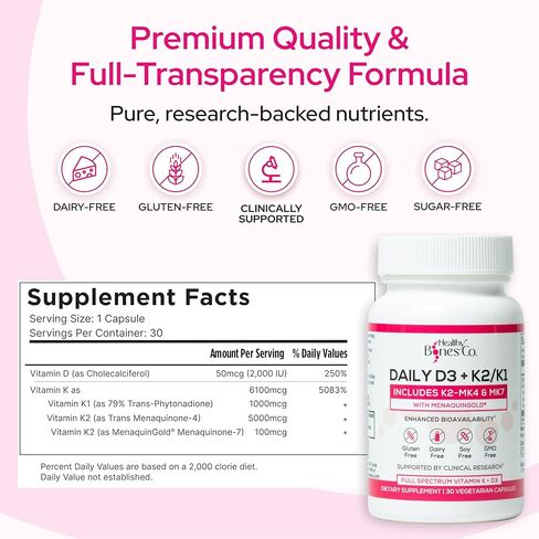 Premium D3/K2 - الطيف الكامل فيتامين K2 MK7 + MK4 + D3 2000IU + K1 ، ملحق D3 + K1/K2 يوميًا ، مكملات VIT D المتاحة للبيولوجية للغاية والفيتامينات للعظام القوية ودعم المناعة - 30 كبسولات in Kuwait