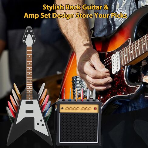 Guitar Picks Holder Box, Pick Display Holder, Amp Speaker Styled Pick Holder and V-Shaped Guitar Pick Holder, Pick Storage Box Set for Guitar Players and Music Enthusiasts in Saudi Arabia